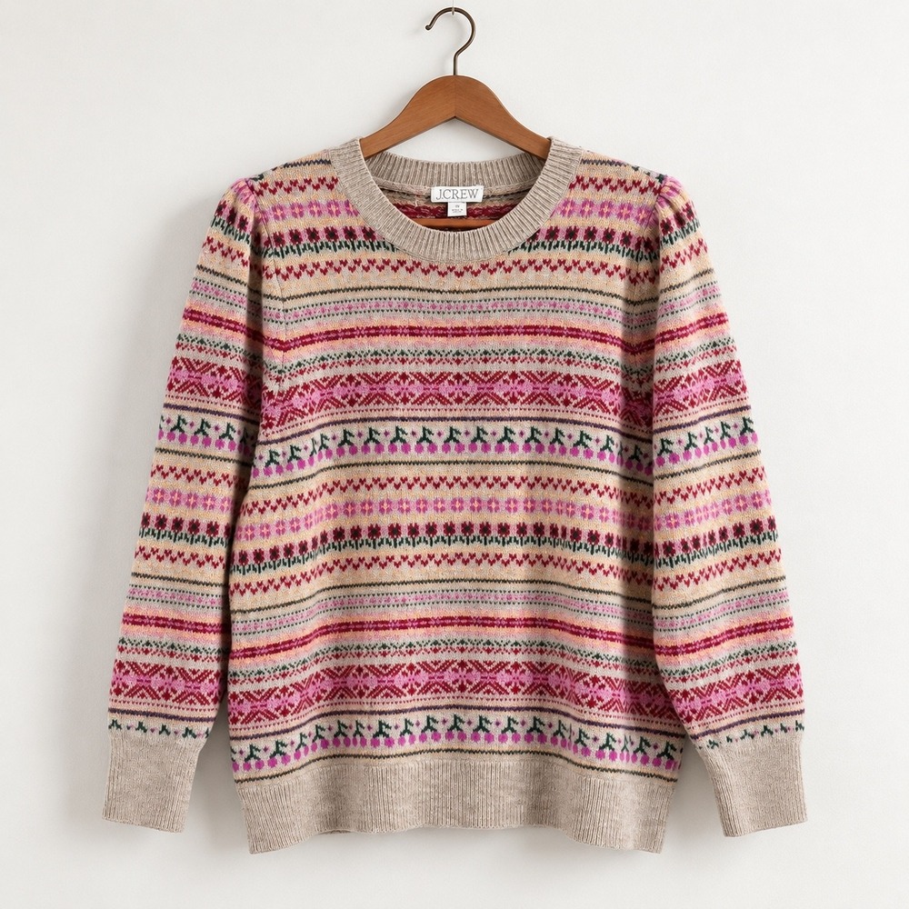 J.Crew Re-Imagined Fair Isle Lambswool Blend Sweater 3X Beige Pink BM172